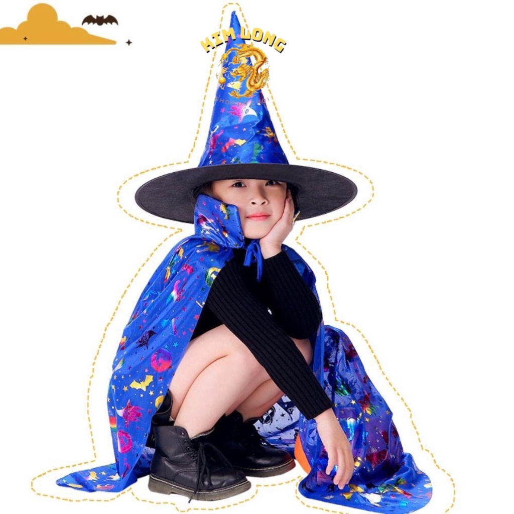 SAN Set Áo Choàng và nón phù thuỷ hoa văn 7 màu loại đẹp trang phục hoá trang cho trẻ em và người lớn lễ hội Halloween