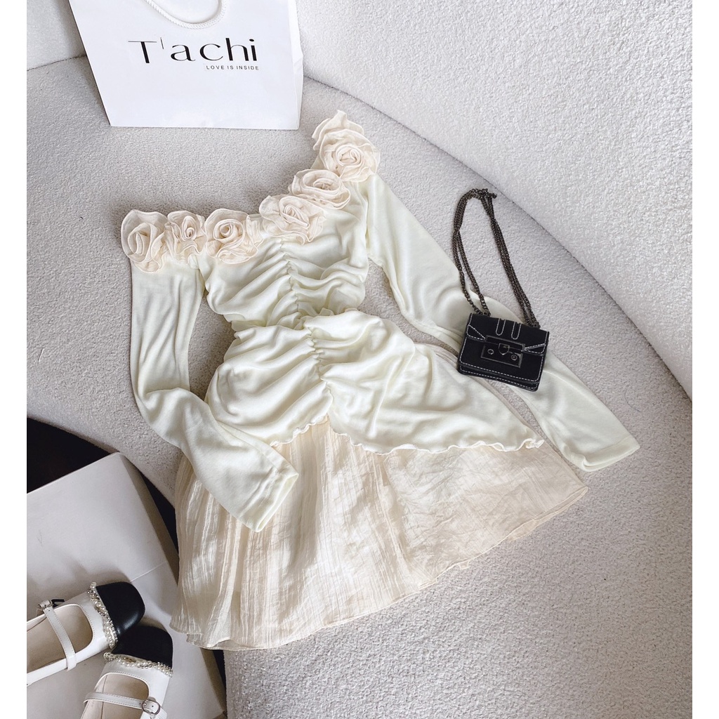 SEt áo lệch vai kết hoa nhún rút thân +chân váy