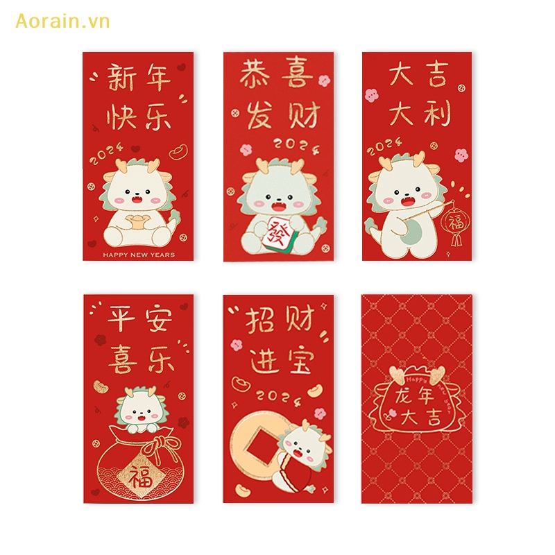 Set 6 Bao Lì Xì Đỏ Hình Rồng May Mắn Trang Trí Năm Mới May Mắn Phong Cách Trung Hoa {cny