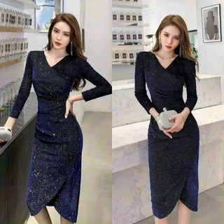 Đầm body nhung kim sa cổ đắp chéo cao cấp by4673