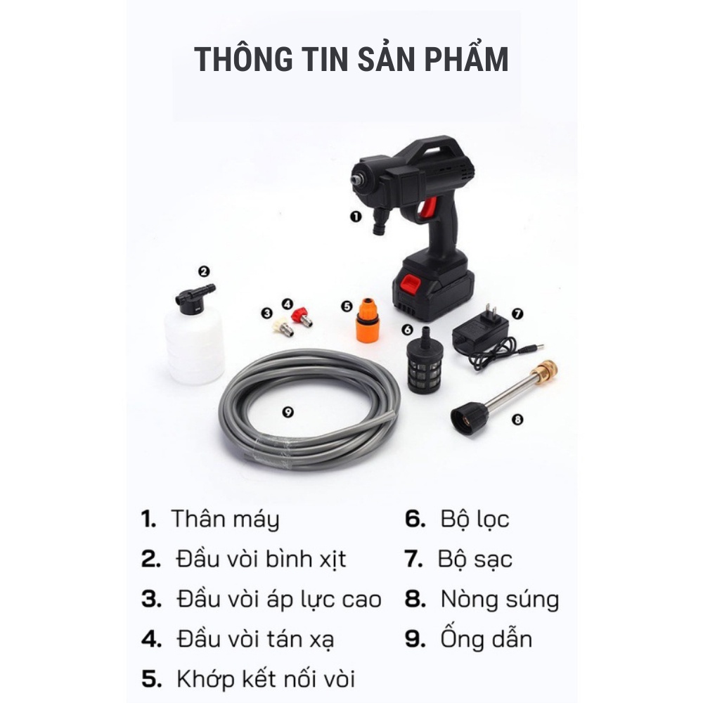 Máy rửa xe cầm tay mini gia đình công suất cao 400w 2 pin sạc 48V, máy rửa xe ô tô áp lực ca