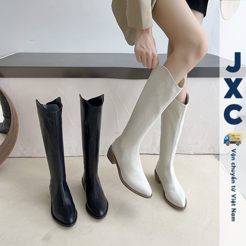 JINxCHOY SHOES Giày Bốt Da Cao Gót Mũi Nhọn Gót Dày Có Khóa Kéo Bên Hông Thời Trang Mùa Đông 2023