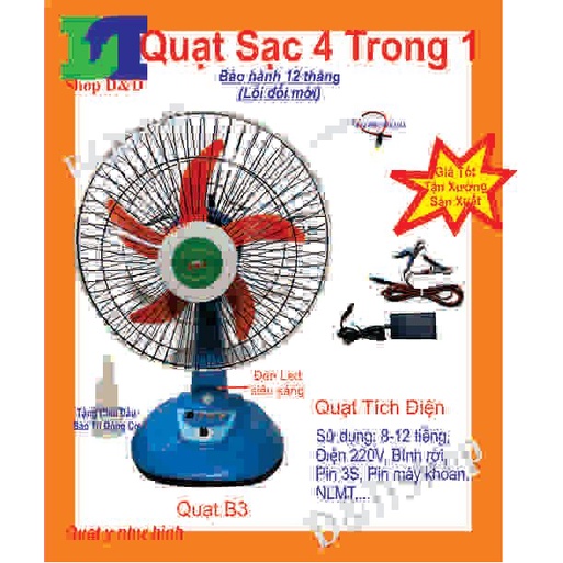 Quạt Sạc 4 Trong 1, Xài Pin 18650 Rời. Công Tắc Điều Tốc. 3-20 Giờ