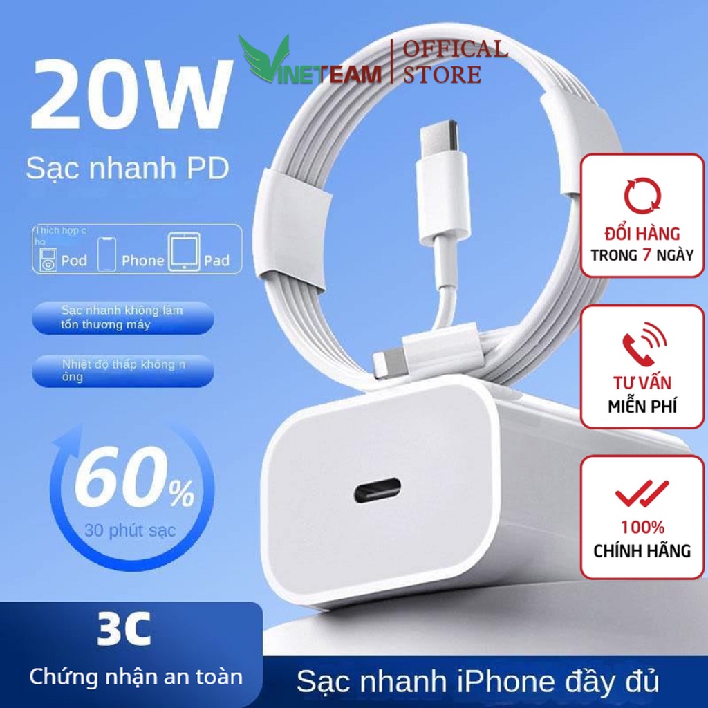 Bộ Củ Cáp Sạc Nhanh PD 20W Vinetteam Không Nóng Máy Sạc Nhanh An Toàn