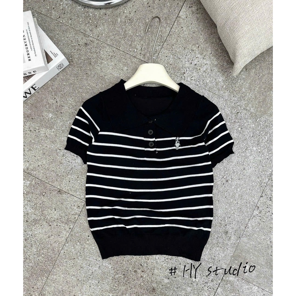 Áo len kẻ cổ polo thêu thỏ , áo len ngắn tay nữ