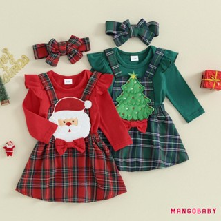 Mg-baby Girl Trang Phục Giáng Sinh Màu Trơn Áo Liền Quần Dài Tay Ông Già Noel / Cây Miếng Dán Kẻ Sọc Treo Váy Băng Đô 3 Bộ Quần Áo