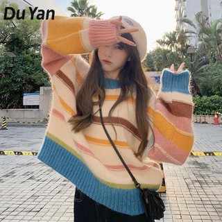 Áo sweater kẻ sọc cầu vồng thời trang thu đông dành cho nữ