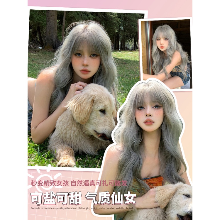 Bộ Tóc Giả Dài Xoăn Gợn Sóng Tự Nhiên Màu Xám Phong Cách lolita