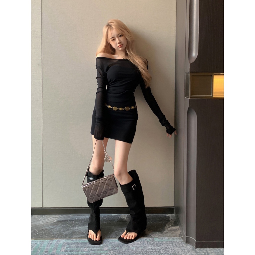 Đầm Lưới Gạc Hở Vai Eo Hẹp Tinh Khiết Kiểu Mỹ Cho Nữ