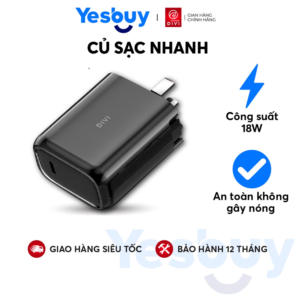 Củ sạc nhanh DIVI P2207 - Sạc nhanh PD, QC 3.0 Công suất 18W Cổng Type C - Hàng chính hãng -  Bảo hành 12 tháng