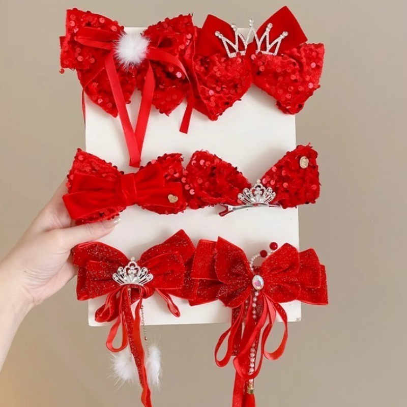 Kẹp Tóc Hình Nơ Đỏ Đính Bóng Lông Mừng Năm Mới Cho Bé Gái