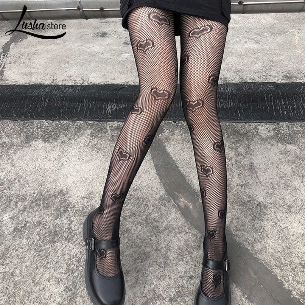 Lushastore Quần Tất Co Giãn Họa Tiết Trái Tim Nhìn Xuyên Thấu Thời Trang Xuân Thu Cho Nữ