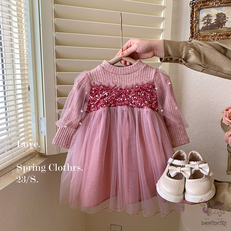 Đầm Công Chúa Phối Lưới Đính Kim Sa Và Ngọc Trai Phong Cách Hàn Quốc Cho Bé Gái