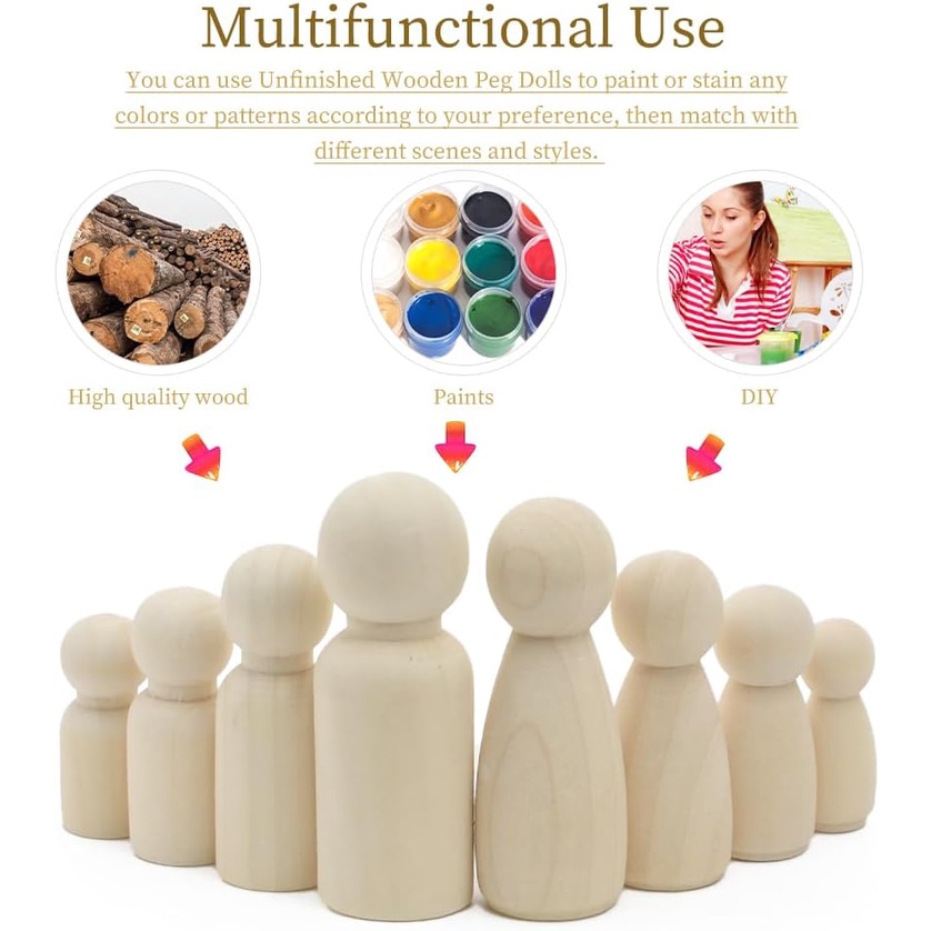 50 PCS UNFINISHED WOODEN PEG DOLL FOR DIY PAINTING NATURAL WOOD DOLL BODIES FIGURES DECORATIVE PEG PEOPLE FOR KIDS ARTS CRAFTS