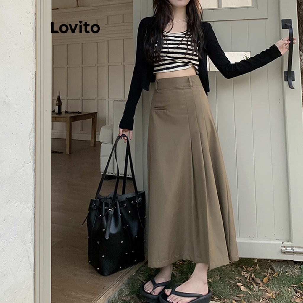 Lovito Váy dây kéo trơn thông thường cho nữ LNE29107 (Kaki/Xám/Đen)