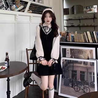 2024Đầm Sơ Mi Đen Giả Hai Lớp Cổ polo Dáng Ôm Thời Trang Mùa Thu Cho Nữ