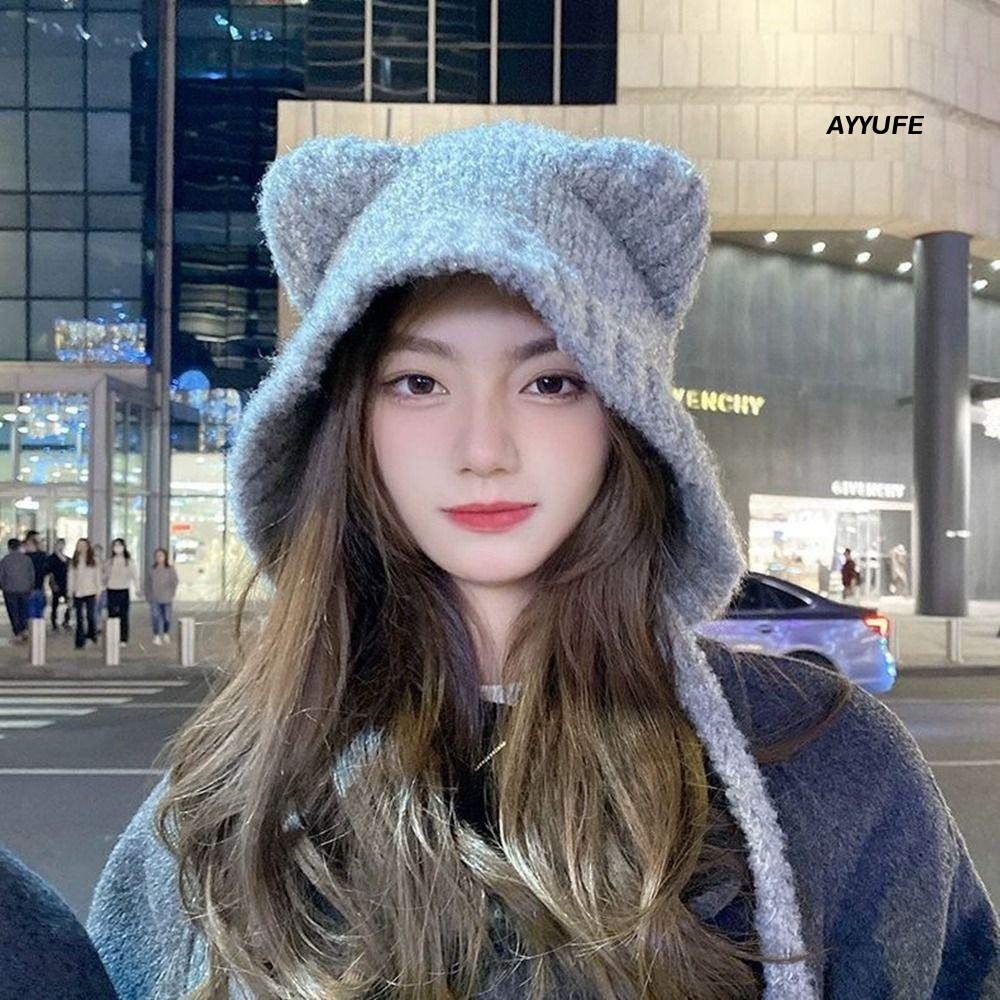 Ayyufe Mũ beanie Len Dệt Kim Trang Trí Tai Mèo Bảo Vệ Tai Đi Kèm Trang Phục Phong Cách Đường Phố