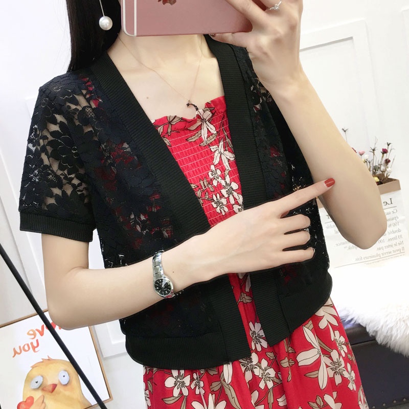 Áo Khoác cardigan Ren Mỏng Tay Ngắn Chống Nắng Kích Thước Lớn Cho Nữ