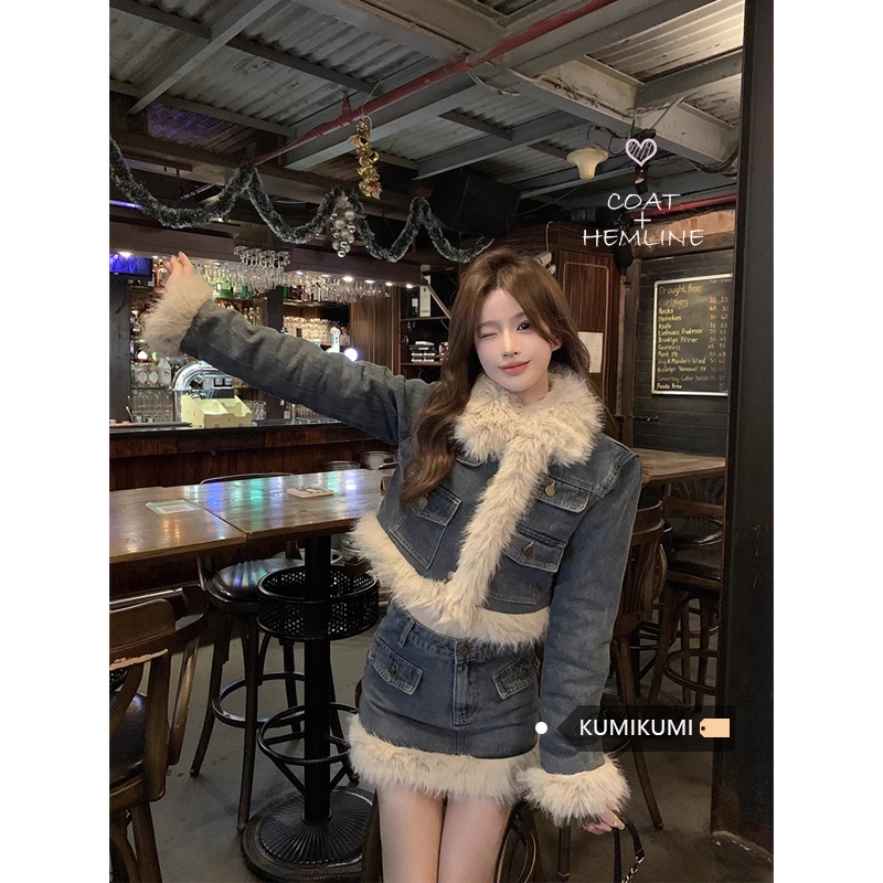 CHOUCHUU Bộ Đồ Bò  Áo Khoác Cổ Bẻ Ghép Nhung Cho Nữ Váy Ống Đứng Cạp Cao Mùa Đông Bộ Hai Chiếc