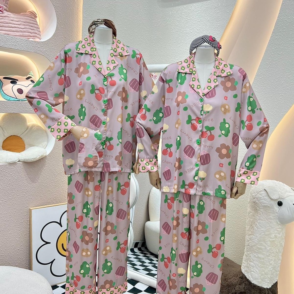 Bộ Pijama Monybear quần dài , áo tay dài in hình hoa cherry nền nâu phối lai kèm bịt mắt - HN2079