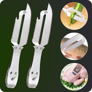 Dao nạo inox đa năng 4in1 - bào vỏ, lấy lõi sâu, khui nắp chai kiêm nhíp gấp