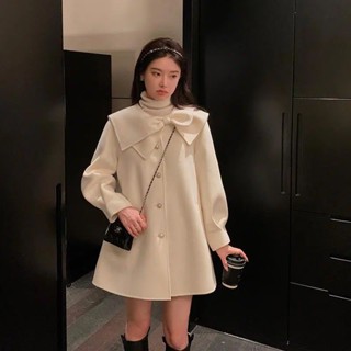 【FXDAZI [Cao Cấp] Áo Khoác Len Dáng Rộng Có Thắt Nơ Màu Trắng Phong Cách Mới Ngọt Ngào Mùa Đông