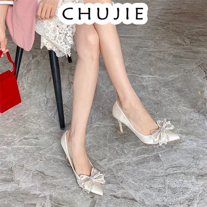 CHUJIE  giày nữ cao gót Giày Cao Gót Mũi Nhọn Quai Nơ Đính Đá Thời trang Phong cách fashion Độc đáo B25G053 36Z230909