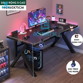 Bàn gaming, bàn làm việc kèm khay đựng cốc và giá treo tai nghe, giáp LED tiện lợi,chân sắt hộp 4x4cm dày dặn chắc chắn