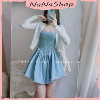 Đầm Ống Xanh Nhún Ngực Dáng Xòe Kèm Áo Khoác Ren Lưới Dài Tay Trắng