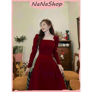 Đầm Nhung Cứng Cổ Vuông Tay Dài Phối Viền Ngọc Đính Hoa Dáng Midi Ôm Eo Phong Cách Hàn Quốc Siêu Xinh Xắn