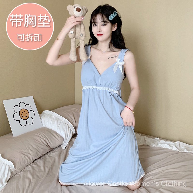 Đầm Ngủ Cotton Hai Dây Có Mút Đệm Ngực Kiểu Công Chúa Dễ Thương Thời Trang Mùa Hè
