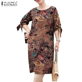 Zanzea đầm cổ tròn hở vai in họa tiết vintage thời trang cho nữ