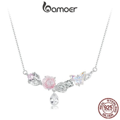 Bamoer 925 Sterling Sliver Vòng Cổ Giả Tưởng Bướm Hoa Vòng Cổ Trang Sức Quà Tặng Cho Nữ SCN521