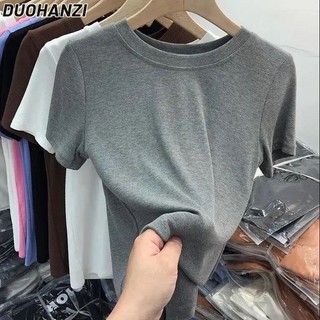 Áo thun tay ngắn dáng ôm vải lụa lạnh co giãn tốt màu trơn kiểu pháp thời trang cho nữ
