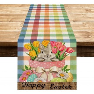 Benytro Easter Rabbit Table Runner, Bunny Egg Farmhouse Easter Table Flag, Easter Egg Trang Trí Happy Easter Linen Table Runner Gathering