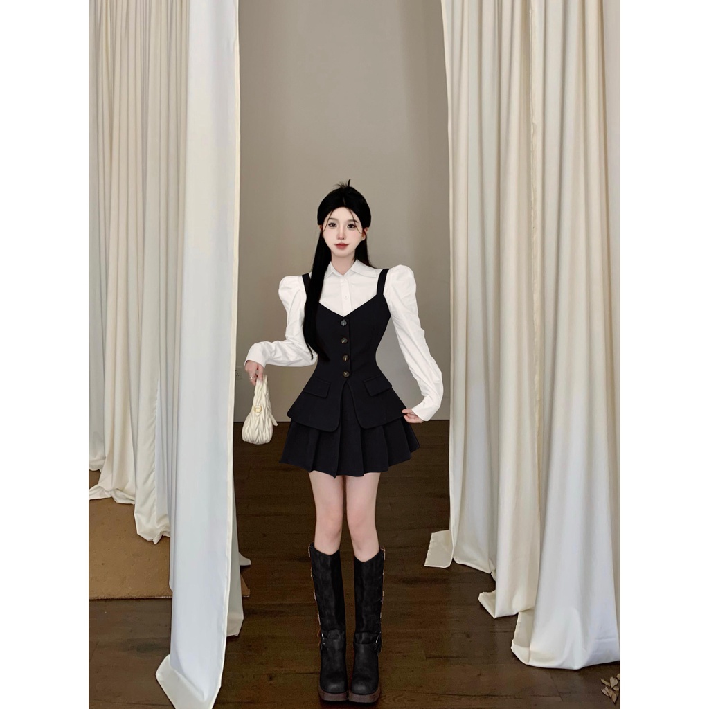 Bộ Áo Sơ Mi Tay Phồng + Chân Váy Xếp Ly Thời Trang retro Cao Cấp Cho Nữ