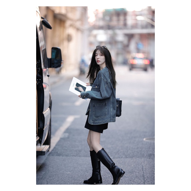 Áo Khoác denim Dài Tay Dáng Rộng Phong Cách retro Hàn Quốc