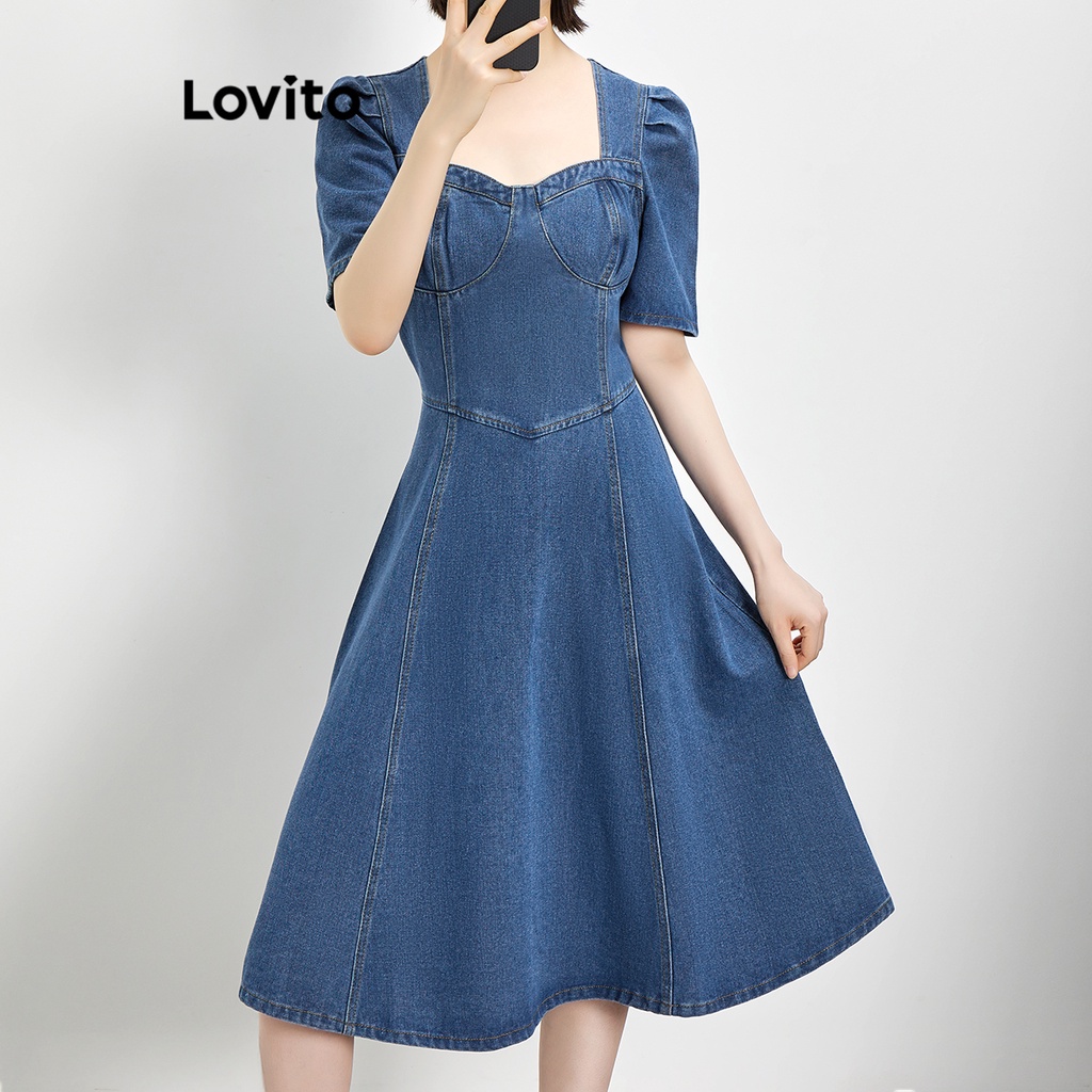 Đầm Lovito denim ráp vải màu trơn thường ngày cho nữ L62ED103 (Màu xanh dương)