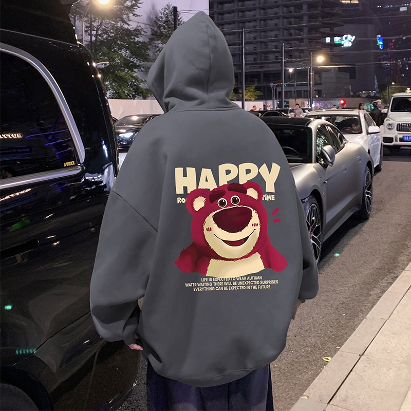 Áo Khoác hoodie Tay Dài Dáng Rộng In Hình Gấu Và Dâu Tây Thời Trang Xuân Thu Cho Nam Và Nữ