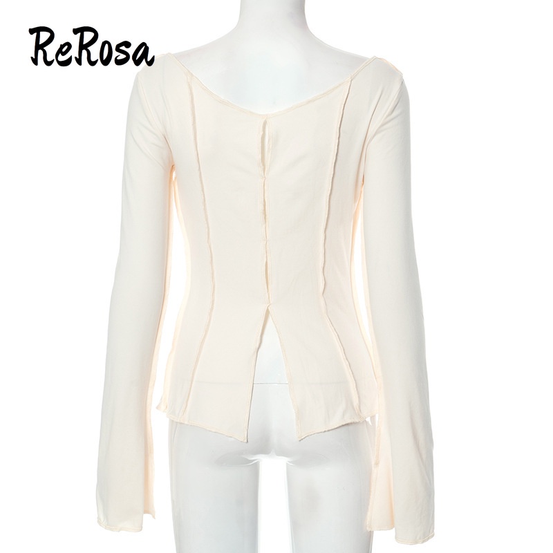 Rerosa Áo Thun Tay Dài Cổ Chữ v Màu Trơn Dáng Ôm Thời Trang 2023 Dành Cho Bạn Nữ