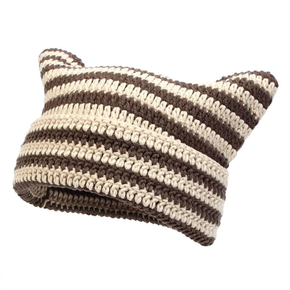 Muvako Mũ Len beanie Nhật Bản Kẻ Sọc Ngang Đính Tai Mèo Dễ Thương Phong Cách gothic punk Giữ Ấm Đơn Giản y2k unisex