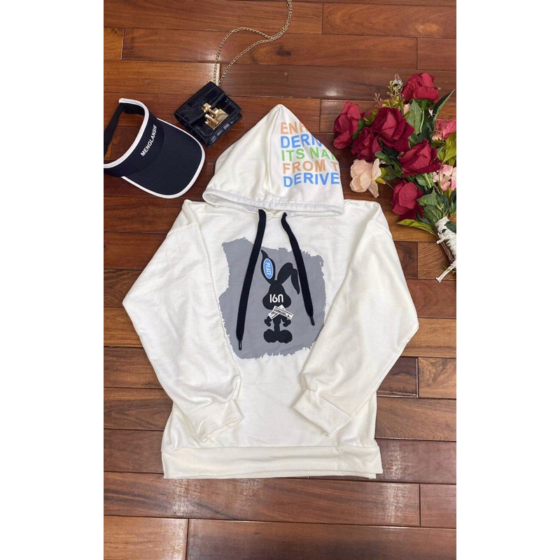 Áo nỉ hoodie hình thỏ, chất nỉ, có ảnh thật