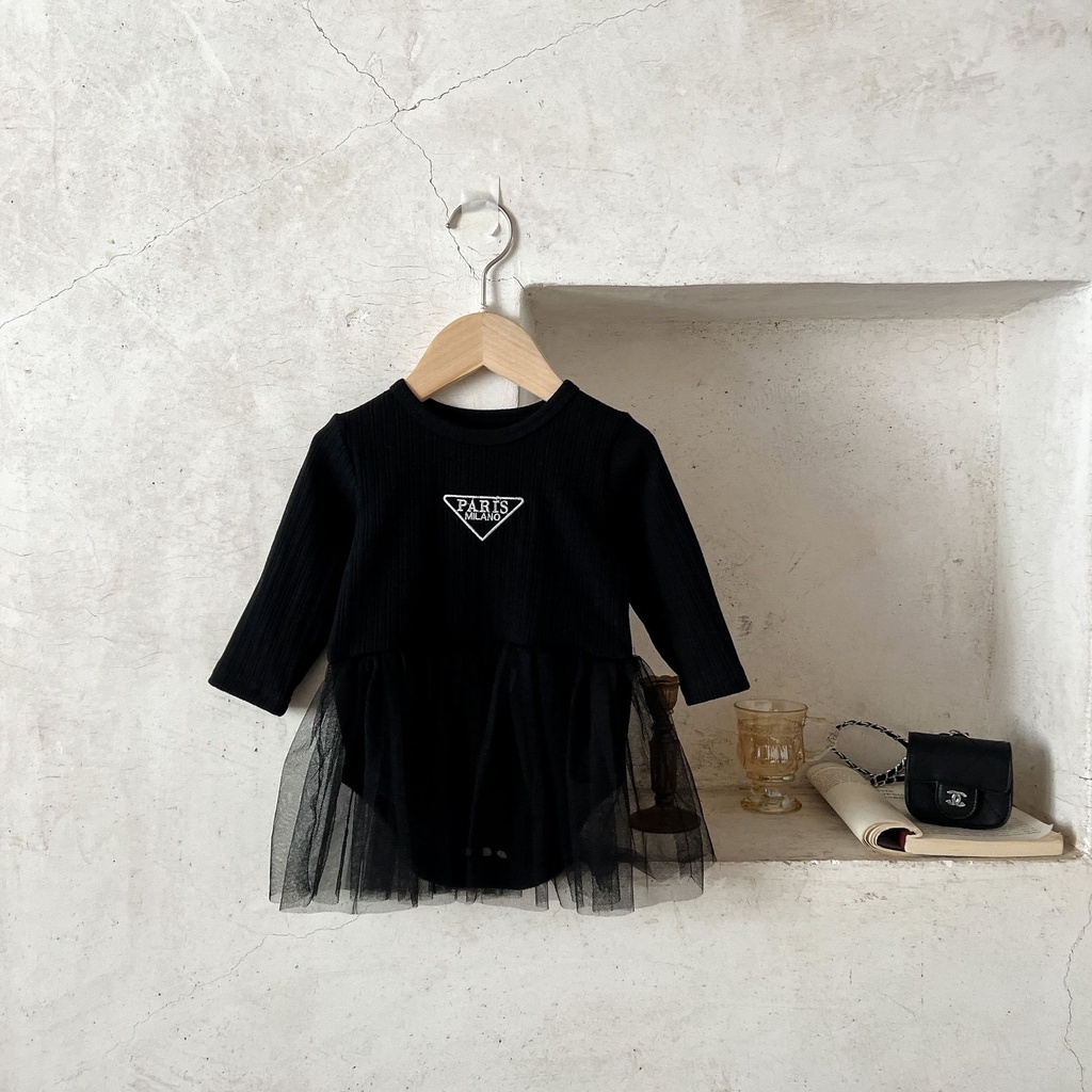 Bộ Áo Liền Quần Tay Dài Bằng Vải cotton Phối Lưới Thời Trang Mùa Thu Cho Bé Gái