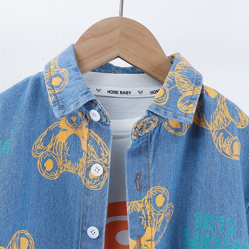 Set Đồ Mùa Hè 2 Món Gồm Áo Sơ Mi denim In Họa Tiết Gấu + Quần Ngắn Jean Cho Bé Trai
