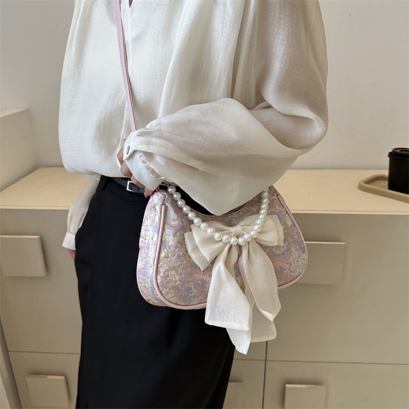 Niche Túi Đeo Chéo Đính Nơ Ngọc Trai Thời Trang Dành Cho Nữ