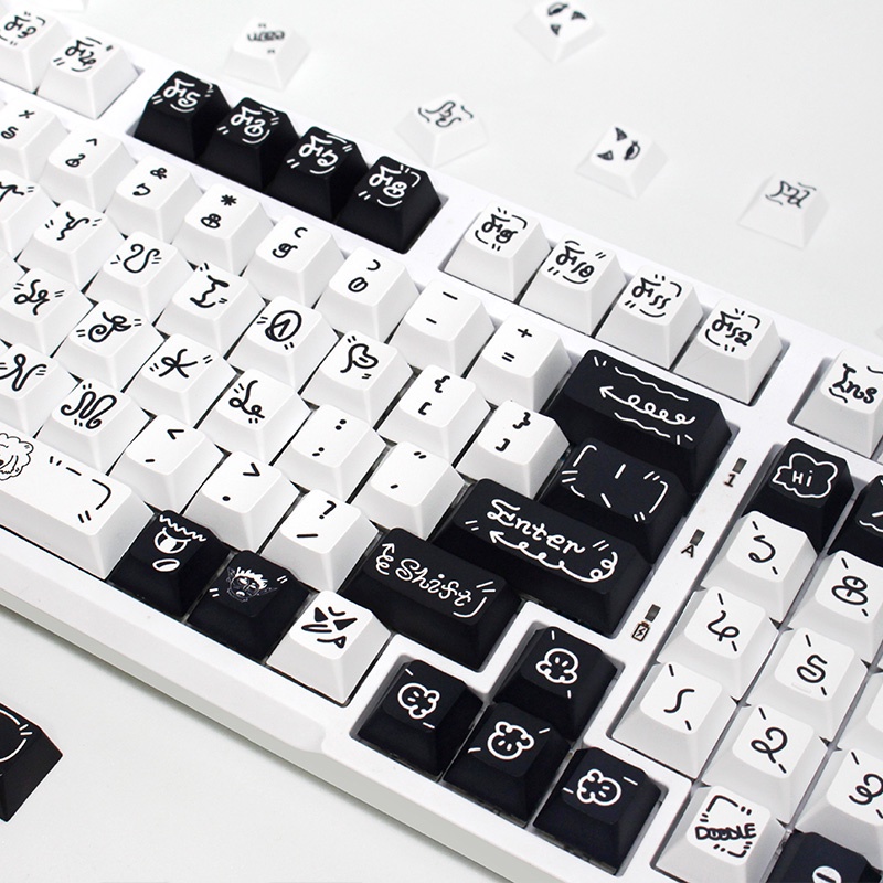 MONSTER STORY Cute Cartoon Black and White Keycaps Bàn Phím Cơ 139 Phím Màu Trắng Đen In Hình Hoạt Hình Dễ Thương