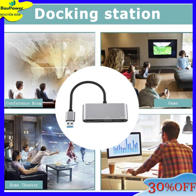 Boupower Bộ Chuyển Đổi hub 3 Trong 1 usb 3.0 Sang hd vga 1080p hd Tương Thích Với windows7 / 8 / 10 / 11 / os