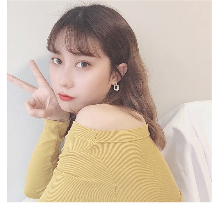 Bông Tai Mạ Bạc 925 Hình Vuông Đính Kim Cương Giả Sang Trọng Phong Cách Hàn Quốc