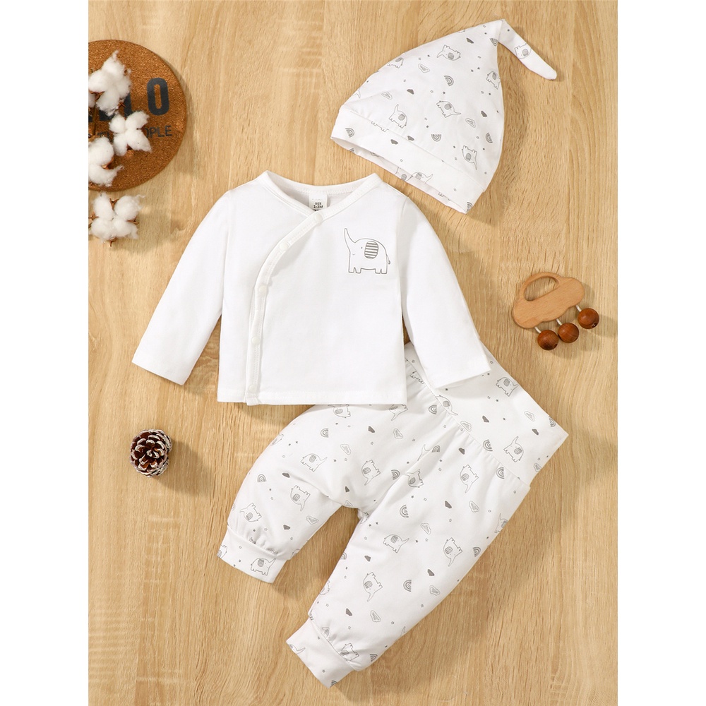 Set Đồ 3 Món Gồm Áo Tay Dài In Hình Voi Có Nón + Quần Dài Thời Trang Mùa Thu Cho Bé Trai 0-9 Tháng Tuổi