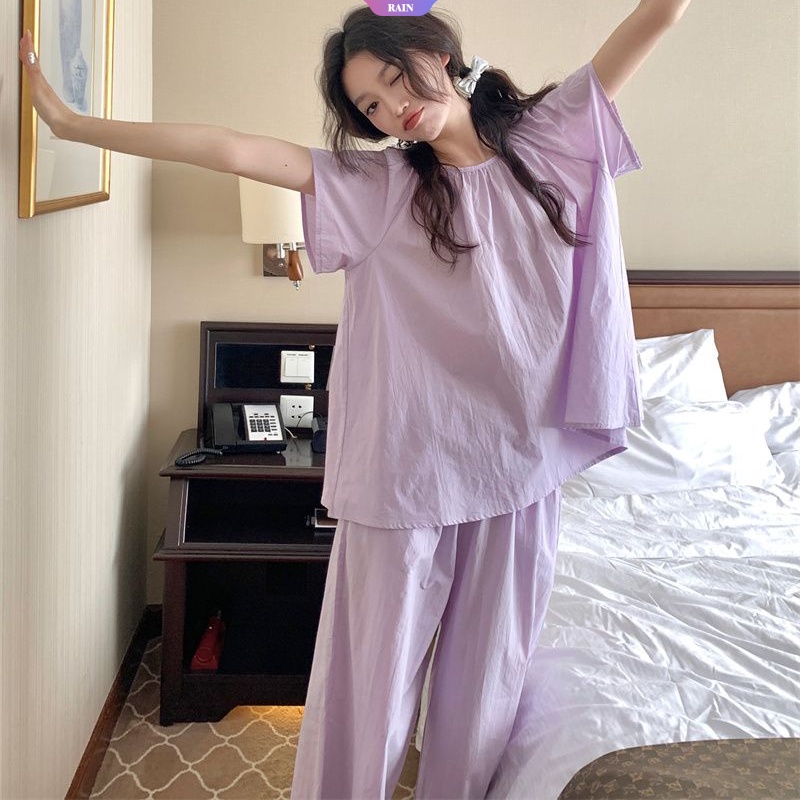 Bộ Đồ Ngủ Tay Ngắn Dáng Rộng Co Giãn Tốt Màu Sắc Đơn Giản Phong Cách harajuku Thời Trang Mùa Hè Cho Nữ
